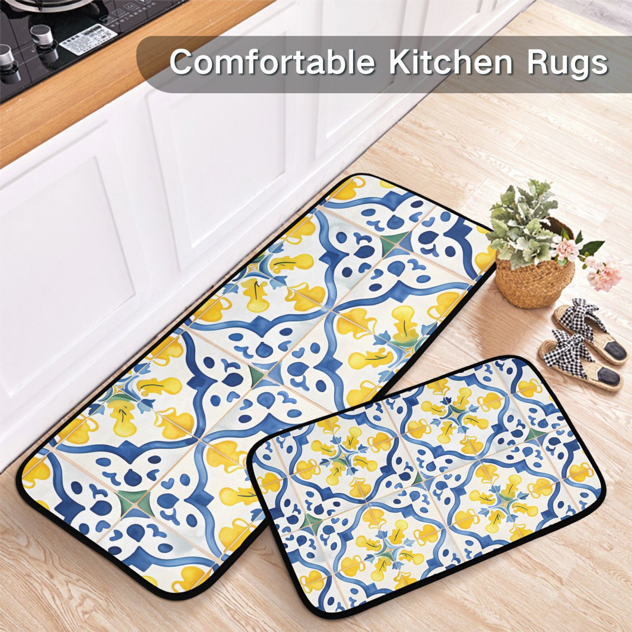 HEBE Washable Kitchen Rugs Set Of 3 - Non-Slip, Absorbent, Farmhouse Faux Jute Mats For Kitchen, Laundry, Hallway