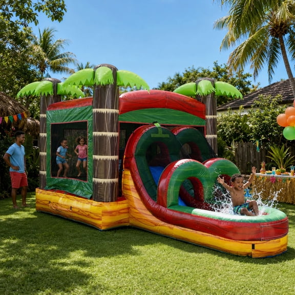 TentandTable Kids Inflatable Water Slide Bounce House Combo with Blower, Tropical Fire Marble