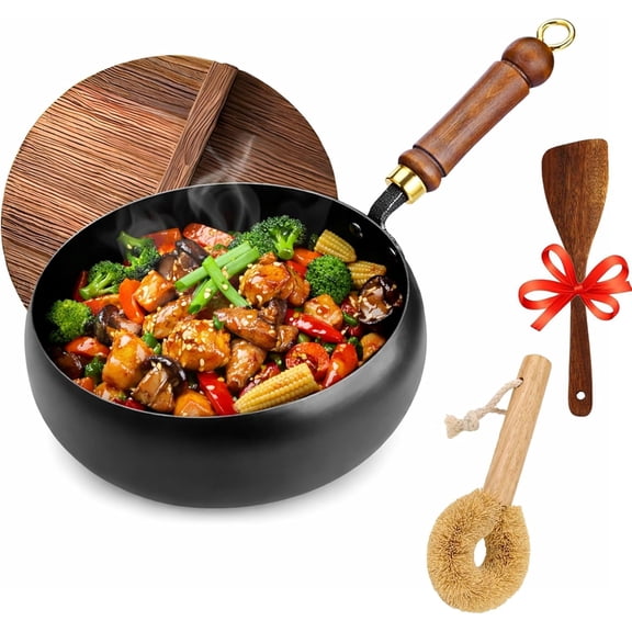 Traditional Forged Big Belly Pot - Uncoated Iron Wok Pan, 9.5''/11'' Japanese Cast Iron Wok Pan with Wooden Lid, Spatula, Rust-Free Durable Non-Stick Pan,for Gas & Induction Stove (Large: 10.5inch)