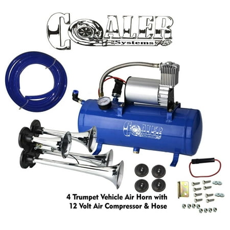 4 Trumpet Air Horn 12V Compressor Kit Blue Tank With Gauge for Car Train (Best Air Compressor For Automotive)