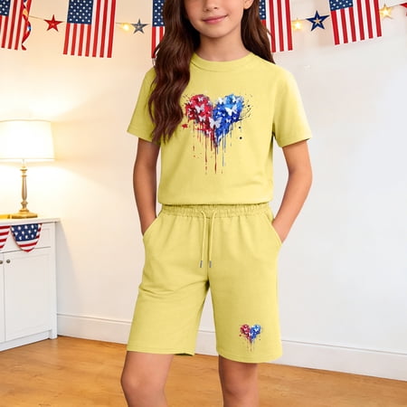 dazeni Girls 4th of July Clothing Set Summer Casual Outfit Tween Patriotic US Flag T-Shirt & Elastic Waist Shorts 2 Piece Drawstring Shorts Set with Pockets Yellow 13 Years
