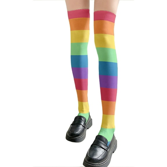 Thigh High Socks Rainbow Multicolor Striped Over Knee Stockings for Women