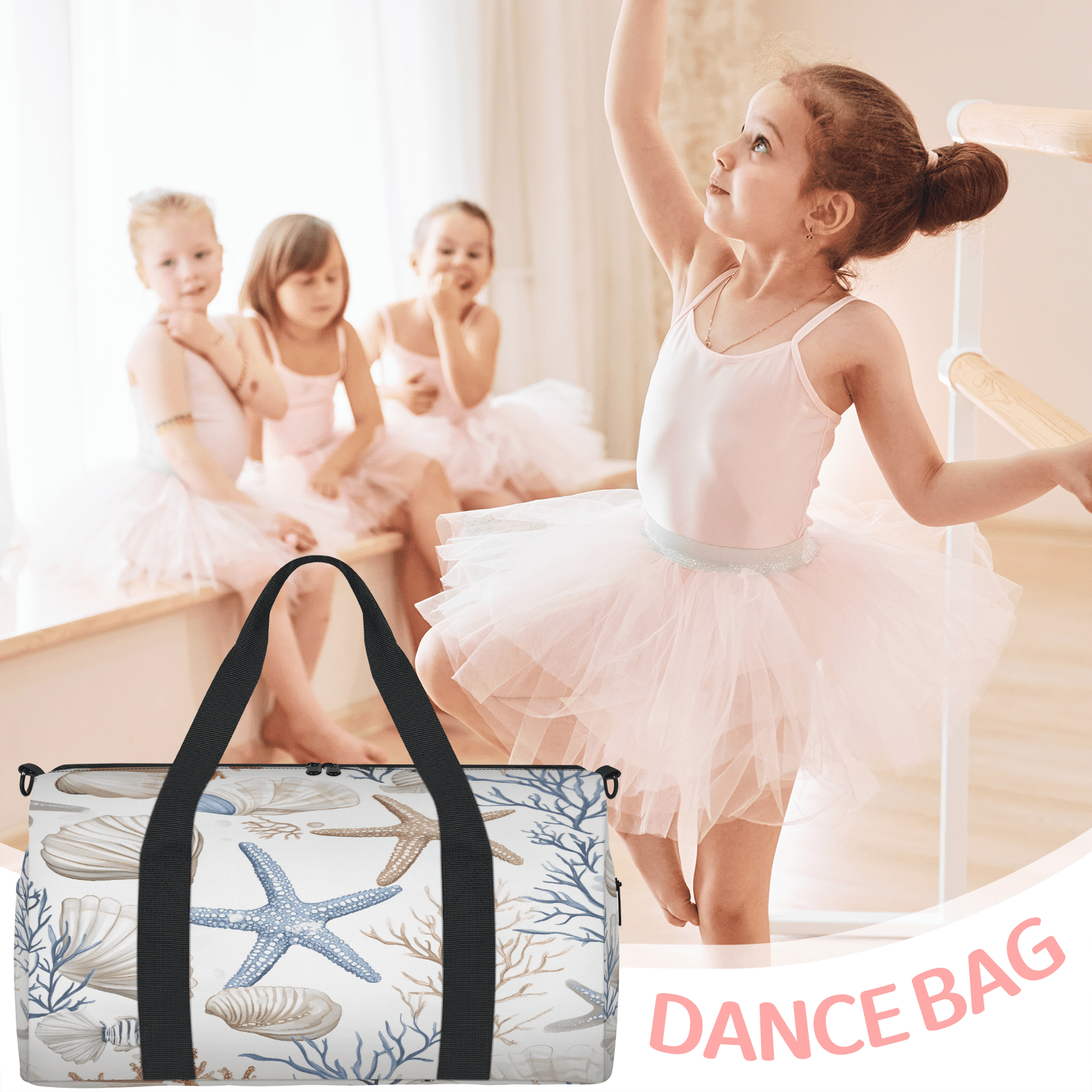 Herdesigns Nautical Coastal Gym Bag for Women, Ocean Beach Seashell Starfish Themed Duffle Bag for Travel Sport, Lightweight Waterproof Carry on Weekender Overnight Dance Yoga Workout Bags