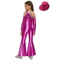thumbnail image 2 of YiZYiF Girls Metallic Shiny Disco Hippie Jazz Dance Outfits Sequin Tassel Flare Jumpsuit with Hat Set Hot Pink 16, 2 of 7
