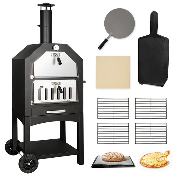 Outdoor Pizza Oven Wood Fired Pizza Oven Patio Portable Pizza Maker Cooking Grill with Wheels
