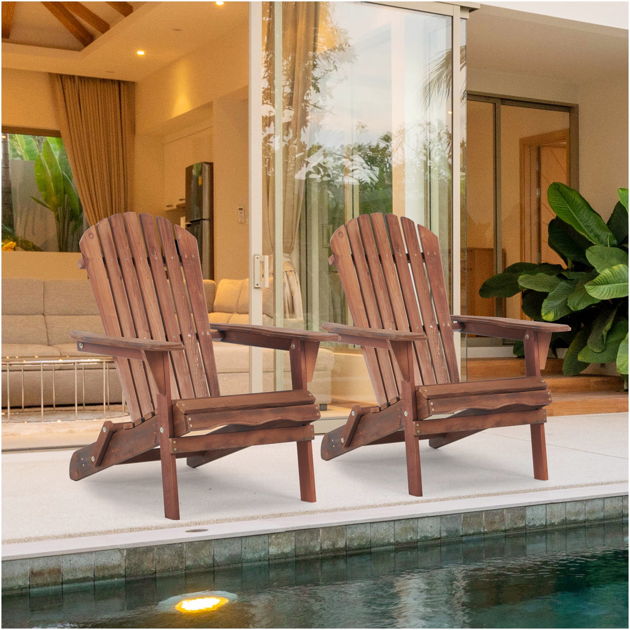 JERFIT 2-Pack Solid Wood Folding Adirondack Chairs, Natural & Light Brown Patio Lounge Chairs for Garden, Deck, Poolside & Outdoor Fire Pit