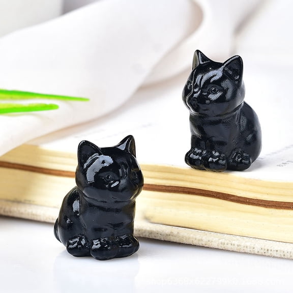 2pcs Obsidian Carved Cat Figurines Reiki Stone Display Decorations 30x23mm