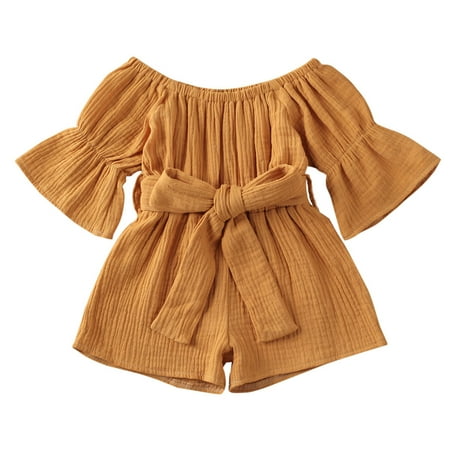 

Spring hue Baby Girls Solid Color Playsuit Off-the-shoulder Short Flared Sleeves One-piece