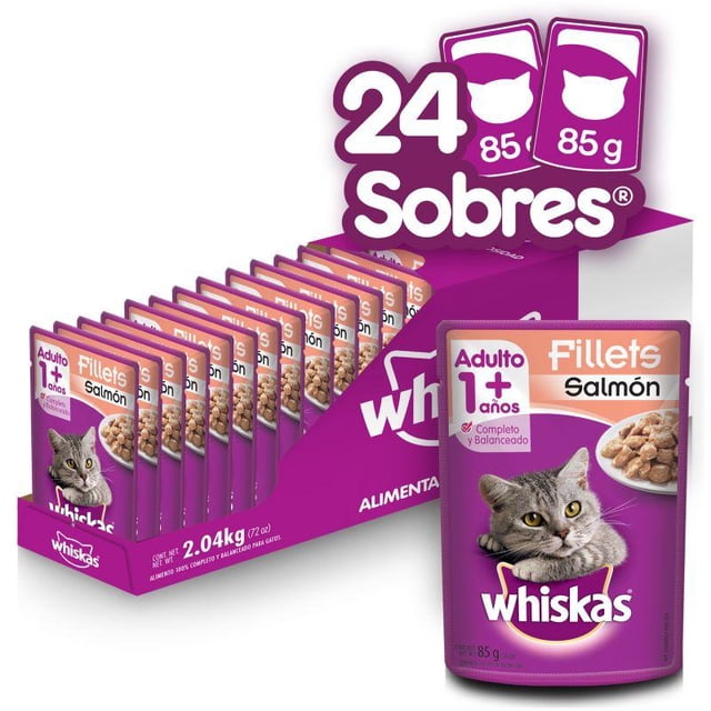 Caja de Alimento Húmedo Pouch Fillets para Gato Adulto Sabor Salmón WHISKAS 24 sobres de 85 g