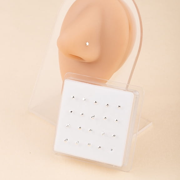 Firefly Hope 20Pcs Hypoallergenic Direct-Entry Straight Nose Studs & Rings - Unisex Nostril Piercing Jewelry for Women & Men, Silver E