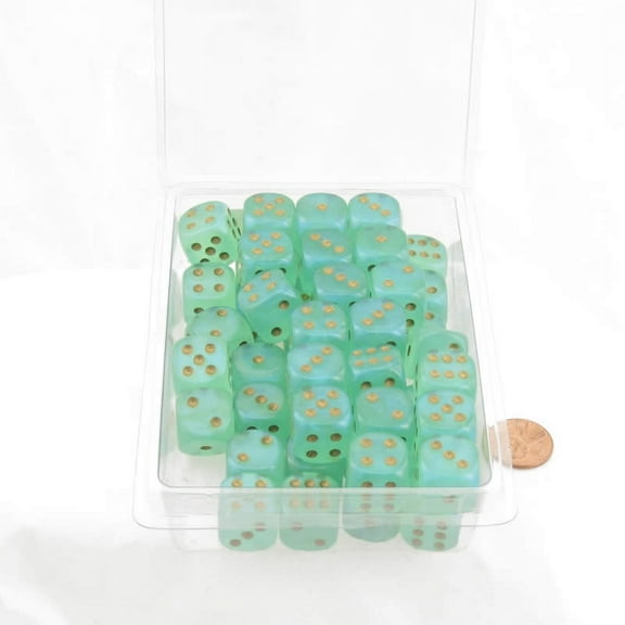 Light Green Borealis Dice Luminary with Gold Pips 16mm (5/8 inch) D6 Set of 50 Wondertrail