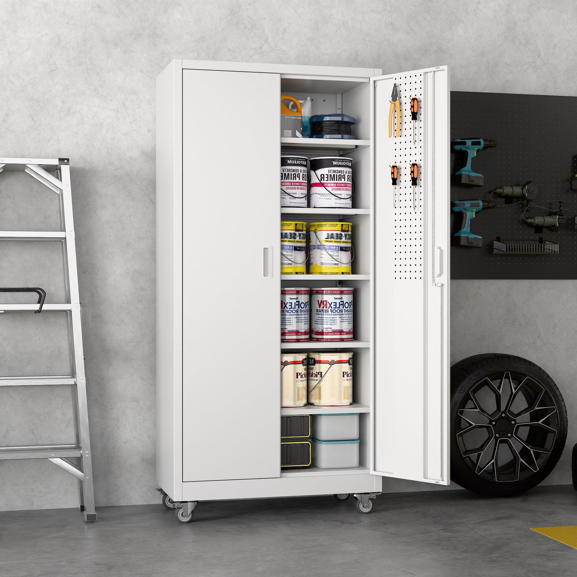 Aobabo Metal Garage Storage Cabinet with Wheels, Rolling Tool Storage Cabinet with 5 Adjustable Shelves and Pegboard for Garage Home Office Utility Room,Required Assembly,White 71" H×32" W×16" D