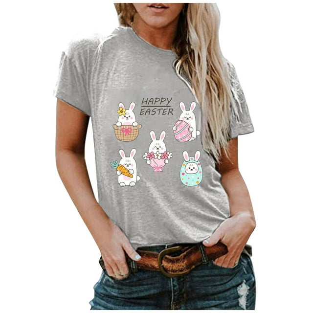 Hauts d'Été Grande Taille pour Femmes, T-shirt Décontracté à Manches Courtes avec Imprimé Lapin et Col Rond, Blouse Ample Décontractée de Pâques, T-shirt à Col en V pour Femmes en Liquidation