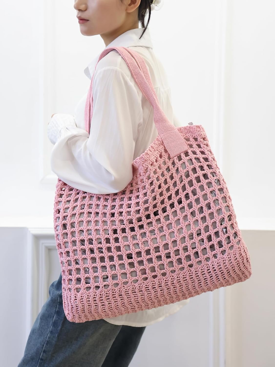 CAILDANL Women's Beach Tote Bag, Crochet Knit Hollow Design, Stylish Tote for Beach,Travel and Everyday Use Aesthetic Handbag
