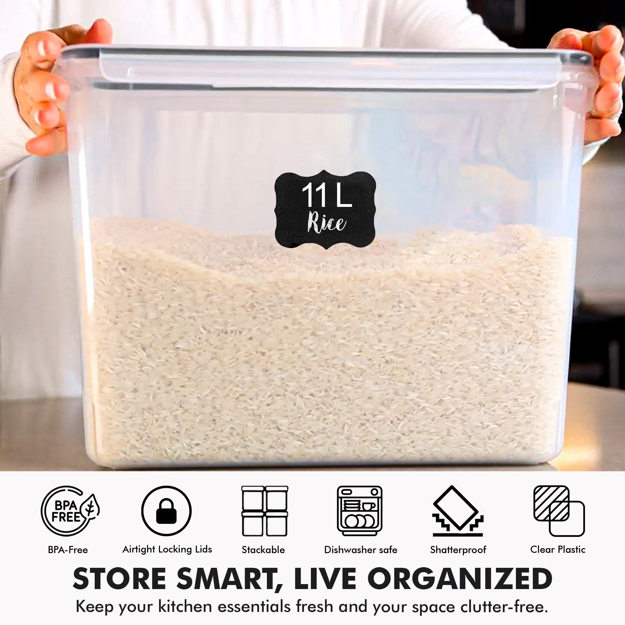 Shazo 4Pcs (11L | 11000ML) Extra Large Airtight Flour Sugar Storage Containers with Lids, BPA Free Plastic Food Storage Containers with Lids + 2 Measuring Spoon