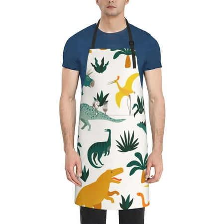 

Qekee Dinosaurs and Tropical Leaves Print Waterproof Apron with Pockets Adjustable Cooking Aprons Kitchen Bib for Baking Household Cleaning