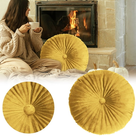 Cushion,Cute Velvet Round Throw Pillow Decorative Round Pleated Throw Pillows Pumpkin Throw Pillows With Center Button Velvet Floor Pillows For Sofa Couch Vanity Chair Bed