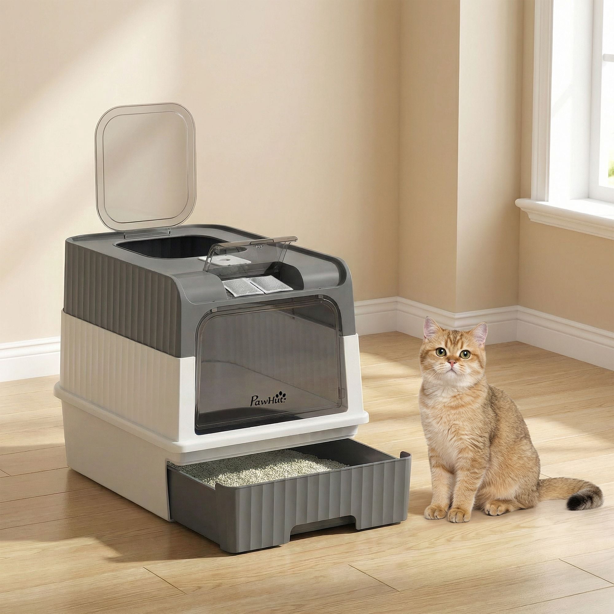 Washure Front Top Entry Hooded Cat Litter Box with Drawer Tray, Gray Easy Cleaning Cat Toilet