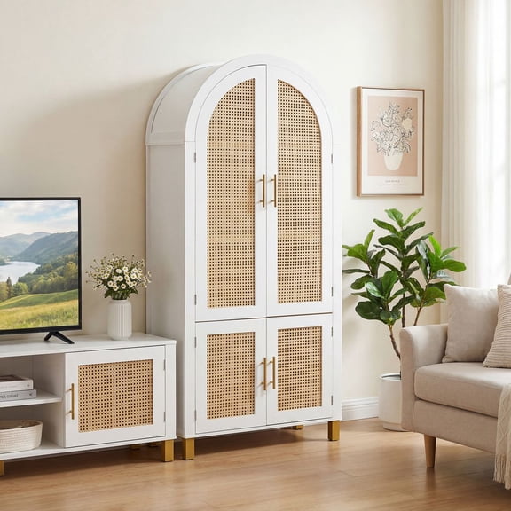MIDOQIN 71" Tall Arched Bookcase, 6-Tier 4 Rattan Doors Modern Farmhouse Arch Bookshelf Storage Cabinet for Living Room Bedroom, White