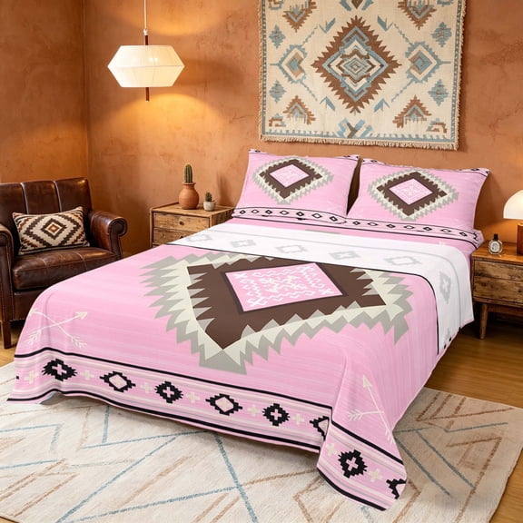 Manfei Boho Tribal Geometric Queen Sheets, Pink Aztec Arrow Queen Sheet Sets, Pink Brown, Pink Reversible 4pcs1 Flat Sheet 1 Fitted Sheet 2 Pillowcases