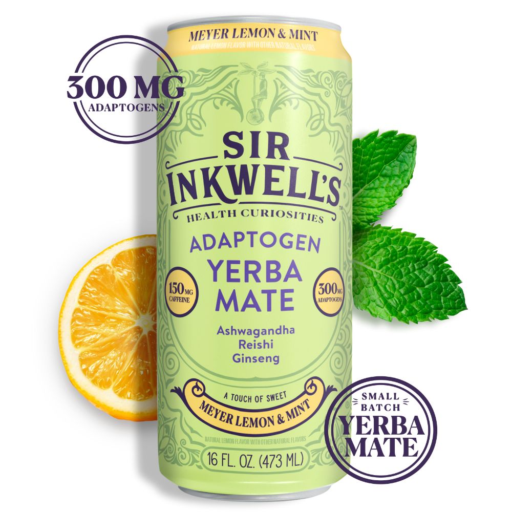 Sir Inkwell's Adaptogen Yerba Mate Tea, Meyer Lemon & Mint Flavor, 16 oz, 12 Pack