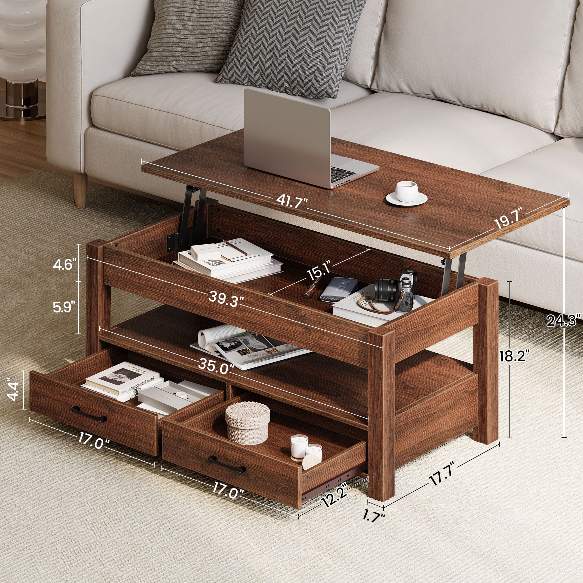 Greenstell Lift Top 39"Wide Coffee Table with 2 Drawers Hidden Storage and Storage Shelf for Living Room, Espresso