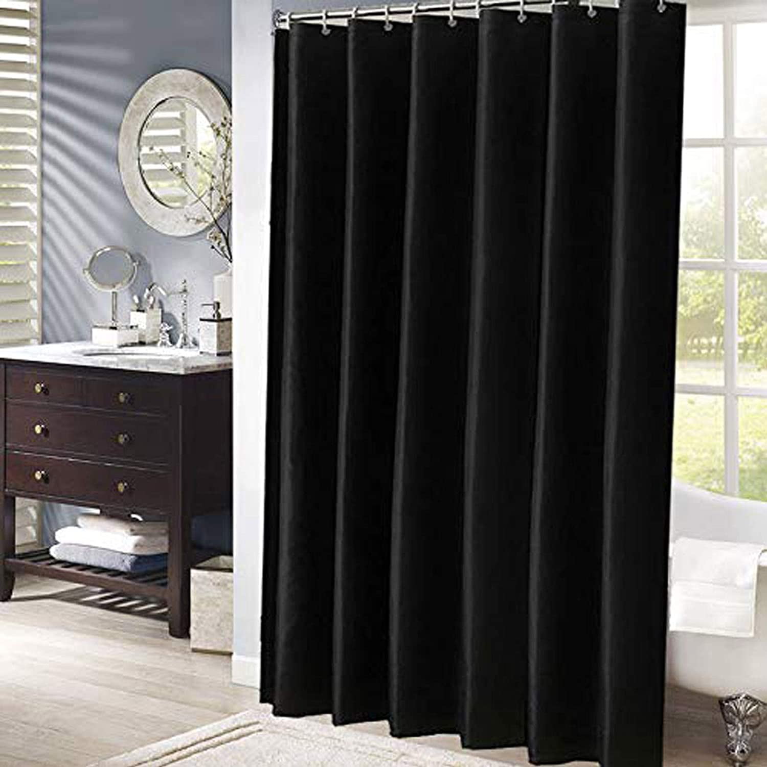 Shower Curtain Liner Black Machine Washable Vinyl Magnetized 