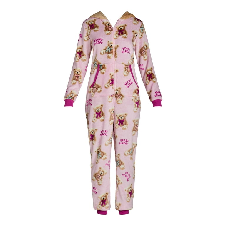Holiday Time Women s Bear Print Union Suit with Hood Sizes XS 3X Walmart