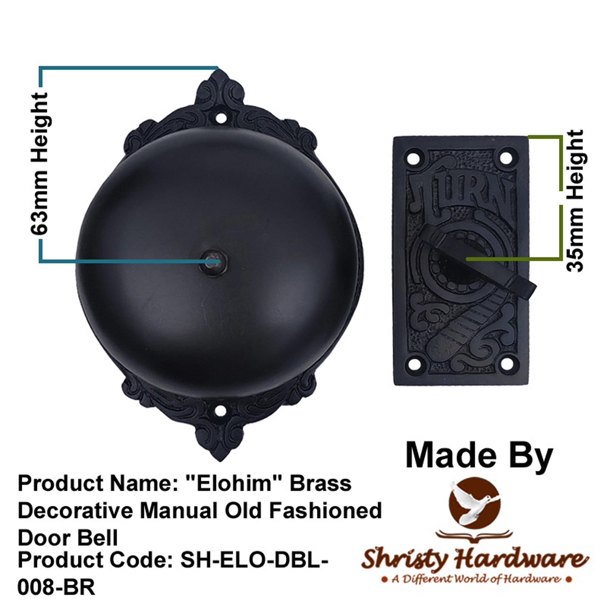 Shristy Hardware "Elohim" Brass Manual Old Fashioned Door Bell – Vintage Twist Bell with Key Plate – Mechanical Doorbell for Home – (Pack of 1 Black Antique Finish)