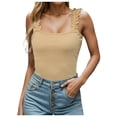 thumbnail image 1 of HJYCHN Tank Tops for Women Square Neck Ruffle Strap Sleeveless Ribbed Tank Stretchy Fitted Womens Casuals Tops Khaki M, 1 of 7