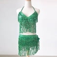 thumbnail image 3 of OSOLU Solid Color Women Sequin Belly Tassel Wrap Mini Skirt Club +Vest Set Breathable Skirts, 3 of 3