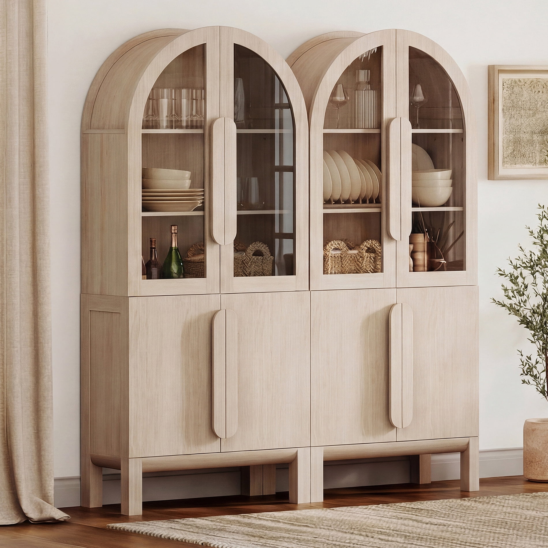 63"W Arched Kitchen Hutch Sideboard, Mid-Century Modern Wooden Buffet Hutch Cabinet with 4 Glass Doors And 3 Tier Shelves