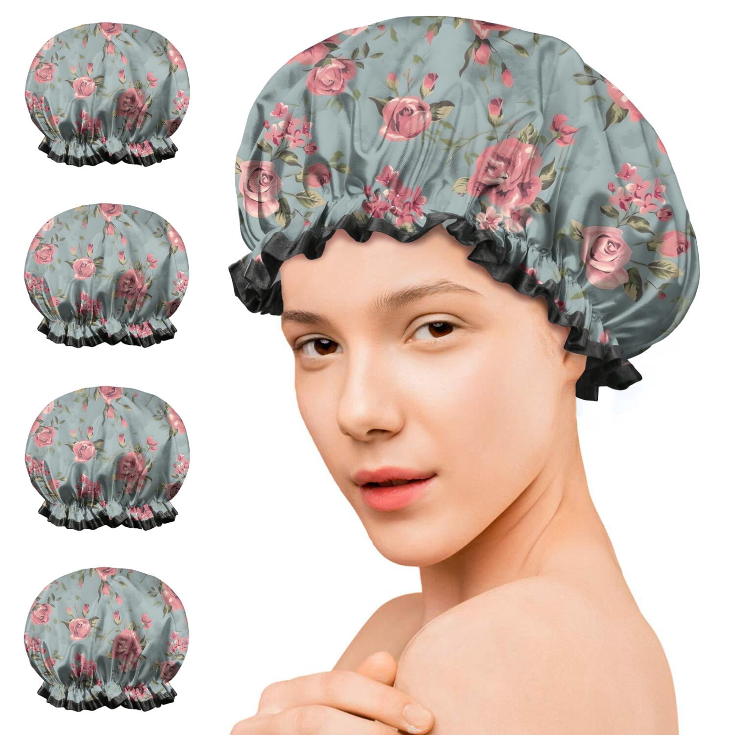 Shower Caps,Pioneer Flower Floral Print Pattern Waterproof Shower Cap for Women 4 Pieces,Double Reusable Hair Cover for Shower PEVA Elastic Stretch Hem
