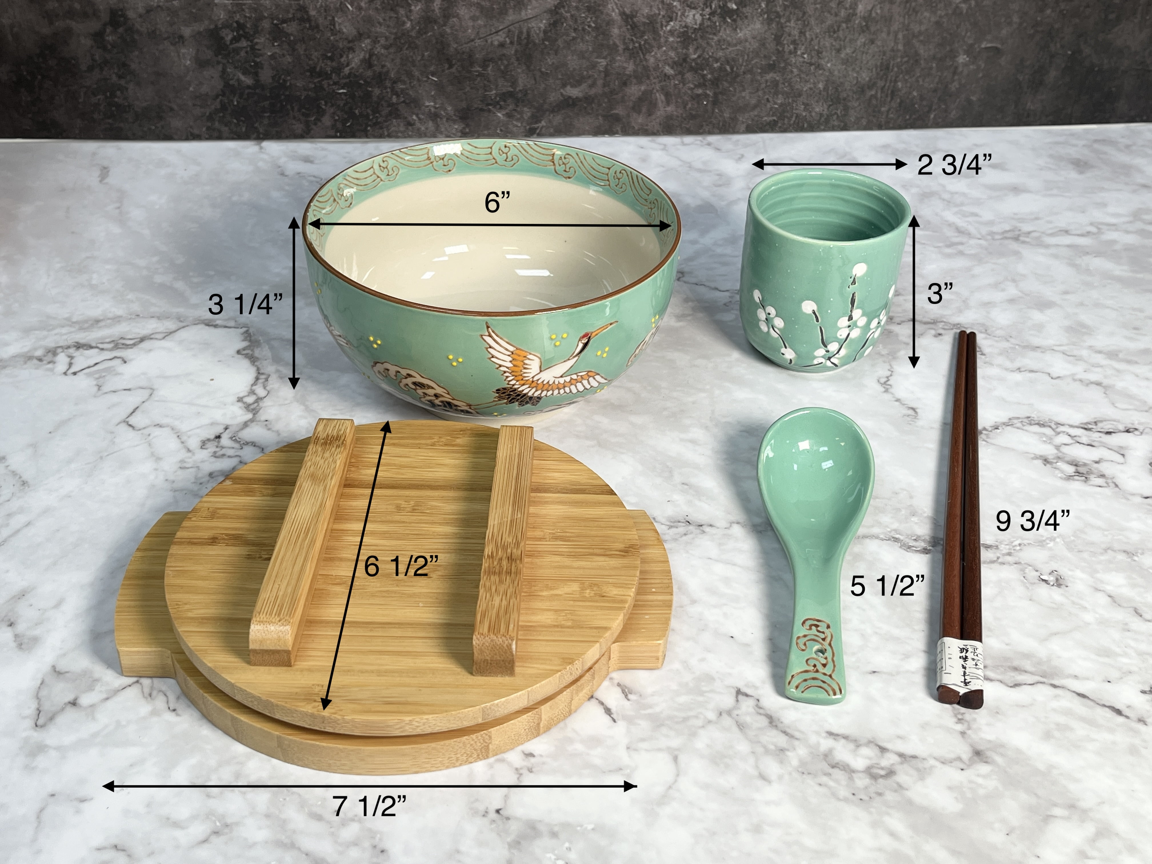 Ramen Bowl Japanese Crane Design Kamameshi Style Green Ceramic Rice Bowl Noodle Bowl with Bamboo Lid Tray Chopsticks, 24 fl oz Bowl, Home Living Gift Idea, Bowl for Udon