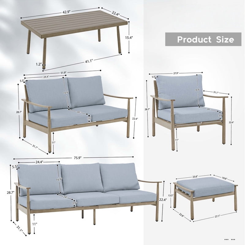 7 Piece Aluminum Patio Furniture Set, Outdoor Sectional Sofa with Ottomans and Coffee Table, Garden Conversation Set with Armchairs