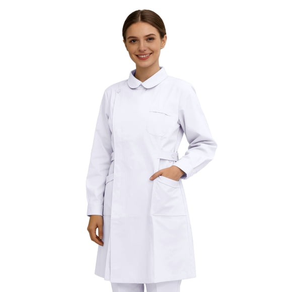 Elegant Style Lab Coat Ensemble with Sophisticated Collar and Slanted Pockets for Daily and Lab Use
