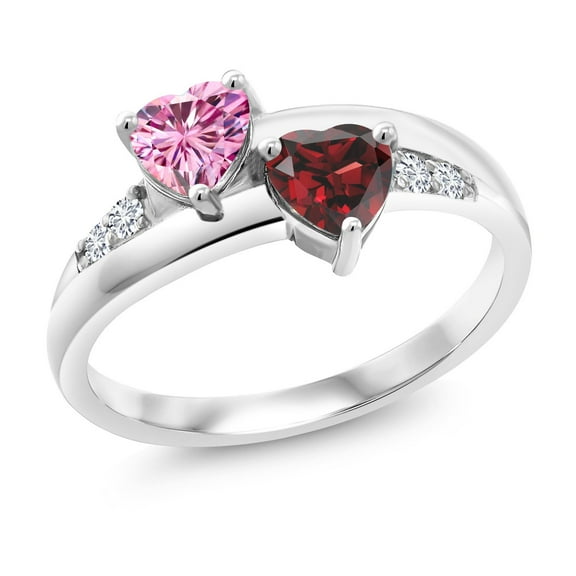 Gem Stone King 925 Sterling Silver Lab Grown Diamond Ring Heart Shape Pink Moissanite and Garnet (1.18 Cttw, Size 6)