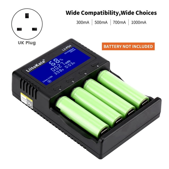 Cargador de Batería Lii-PD4 18650 26650 21700 Cargador de Batería de Ion de Litio de 4 Ranuras con Pantalla LCD para Li-Ion/Ni-/LiFePO4 Enchufe Británico