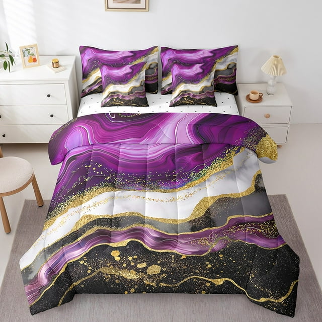 YST Black and Purple Marbling Bedding Comforter Set, 7 Pieces, Queen