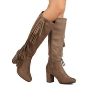 City-02 Women Faux Suede Knee High Falling Cascading Fringe Chunky Heel Boot