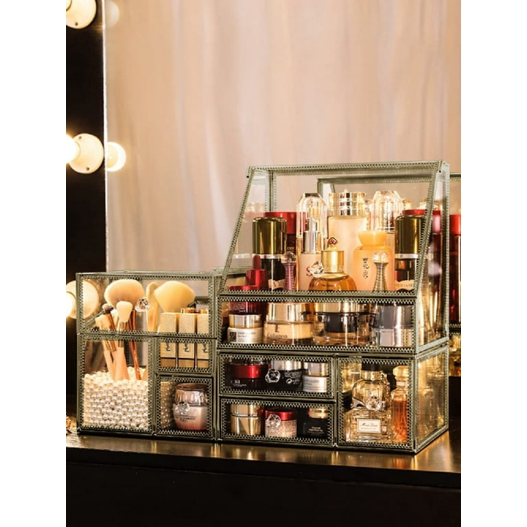 Glass Gold Bathroom Organizer/Stackable 2Pieces Drawer Set Storage/Antique  Countertop Vanity Cosmetic Storage Box Mirror Glass Beauty Display