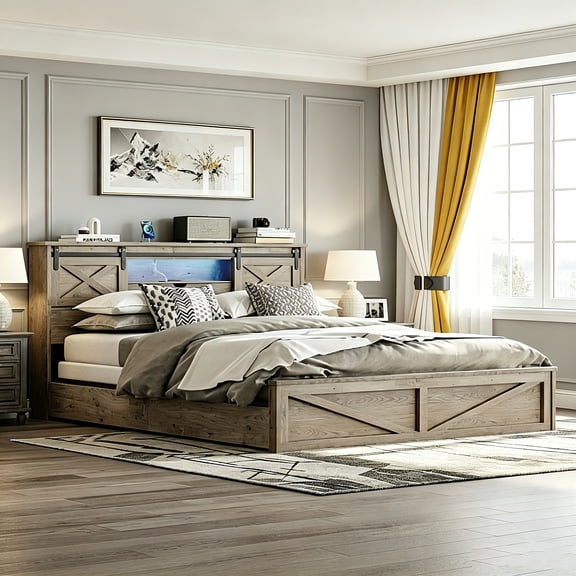 AUU King Size Farmhouse Bed Frame with LED Lights and Charging Station, Wooden Bed with 2 Storage Drawers, Rustic Headboard with Sliding Barn Door Cabinets