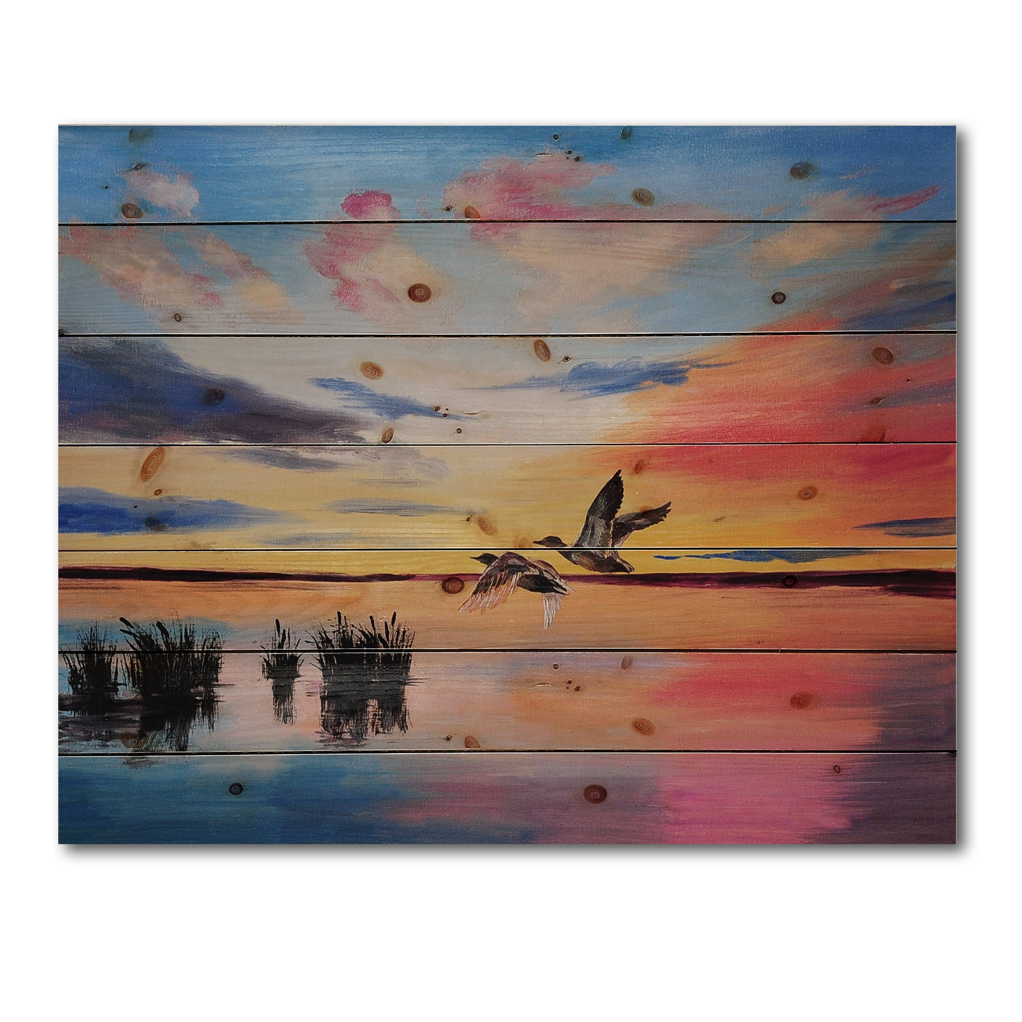 Designart 'Crane Birds Flying During Colorful Sunset' Nautical & Coastal Print on Natural Pine Wood