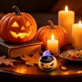 thumbnail image 4 of olkpmnmk Resin Black Cat On Pumpkin Figurine with Purple Witch Hat, Mini Halloween Figurines for Dollhouse Halloween Village Accessories, Halloween Fairy Garden for Home Mantel Party Decor, 4 of 4