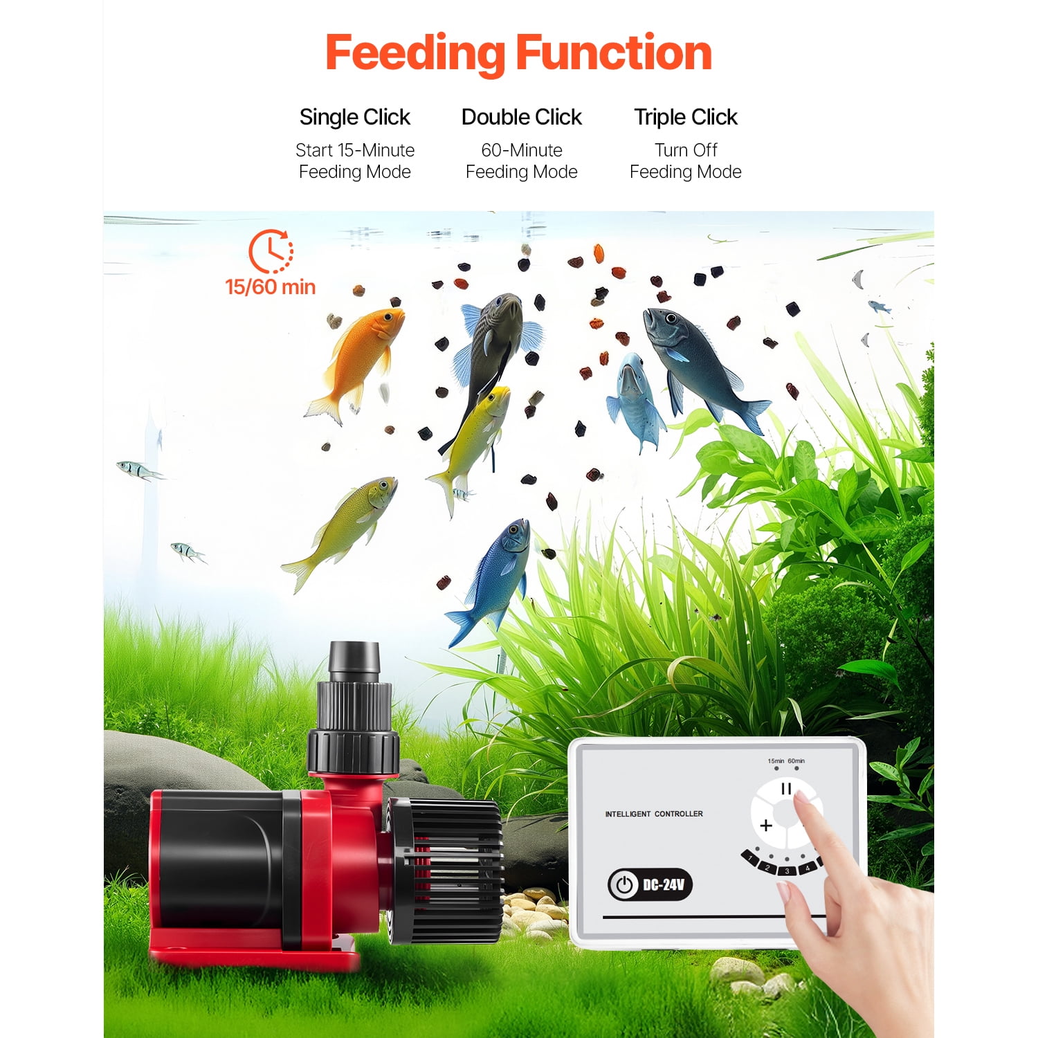 KFFKFF Aquarium 24V DC Water Pump, 60W, 1750 GPH Marine Wavemaker Return Pump with Controller, Adjustable Flow, Feed Mode, 16 ft Max Lift, for Saltwater Freshwater Fish Tank Sump Pond Circulation