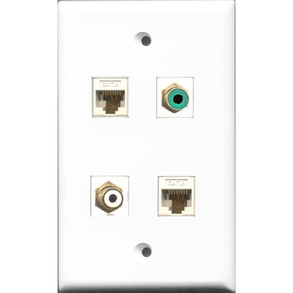 RiteAV 1 Port RCA White and 1 Port RCA Green 2 Port Cat6 Ethernet White Wall Plate