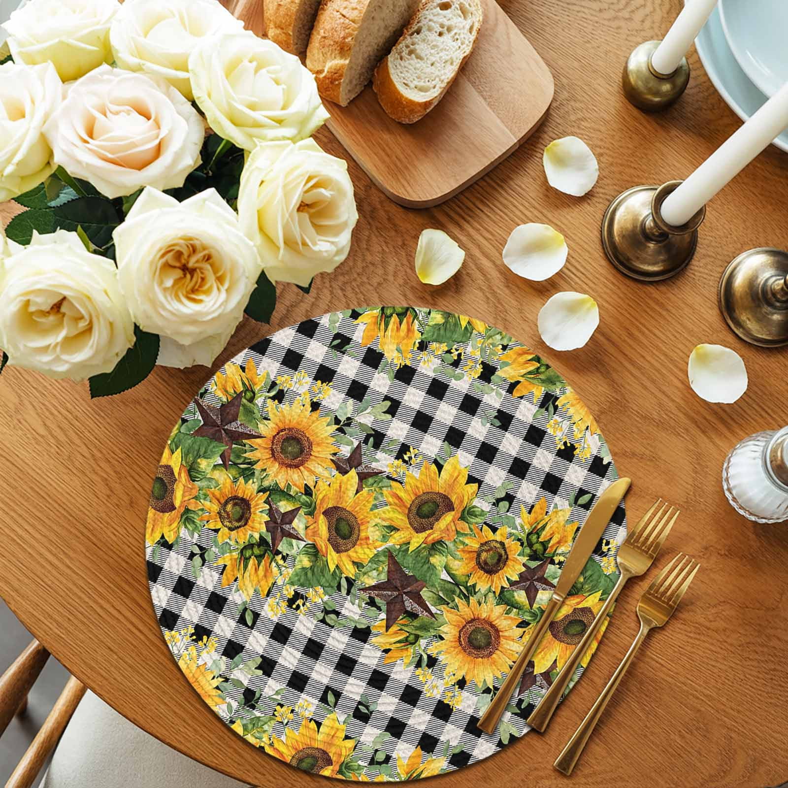 Round Woven Placemats set of 6, Sunflower Washable&Heat Resistant Plastic Wipeable Placemats for Round Table Rustic Farmhouse Barn Star Kitchen Dining Table Decor, 15in, Black Buffalo Plaid