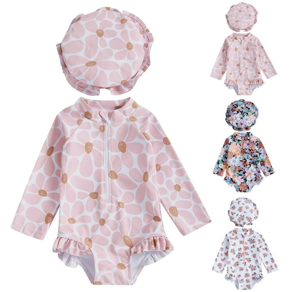 WUANDIXFA Girls' Swimwear Baby Girl Swimsuit Long Sleeve with Hat Set Zipper Swimsuit Multicolour,0-3 Months