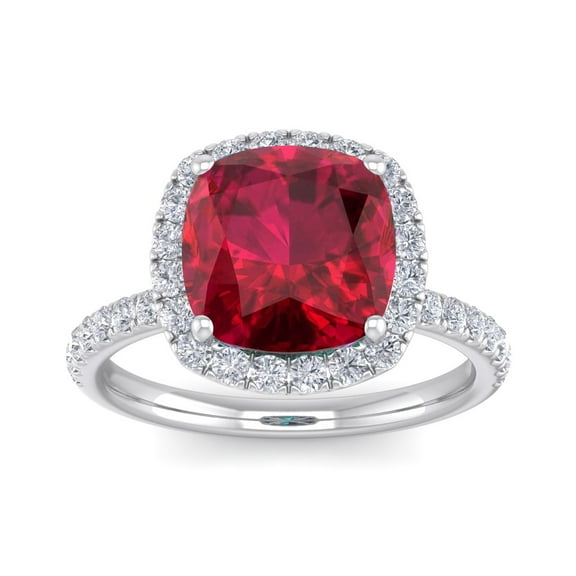 SuperJeweler 5 1/2 Carat Cushion Cut Created Ruby and Halo Diamond Ring In Sterling Silver For Women