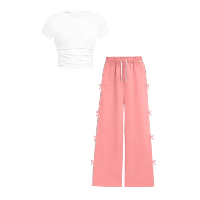 Zpanxa Girls Sets Ruched Short Length T Shirt with Bow Pocket and Long Pants Set 7-8 Years